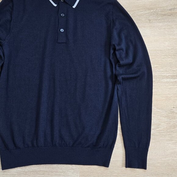 The Tie Bar Navy Tipped Long Sleeve Polo Small 100% Merino Wool Lightweight - Picture 5 of 13